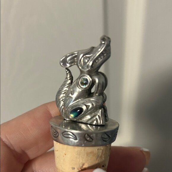 Vintage First Nations Boma Canada Dog Pewter Bottle Cork with Abalone Shell 1980 - Picture 3 of 4
